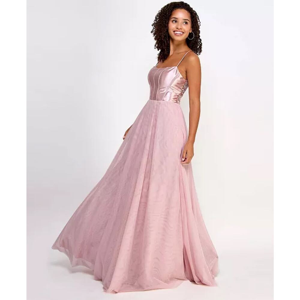 City Studios Juniors' Metallic Corset-Bodice Lace-Back Gown